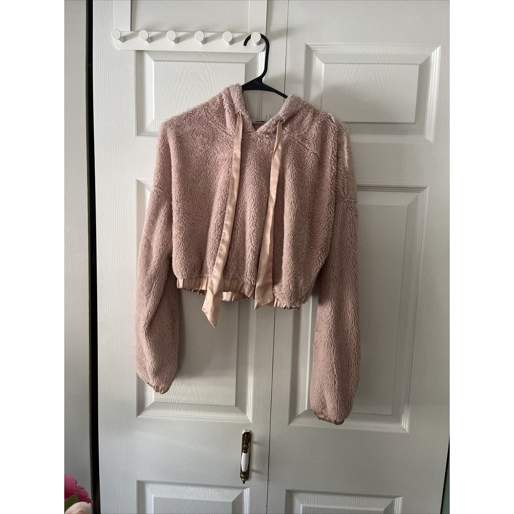 Shein Women’s Pink Cropped Sherpa Pullover Drawstring Hoodie (Size L)